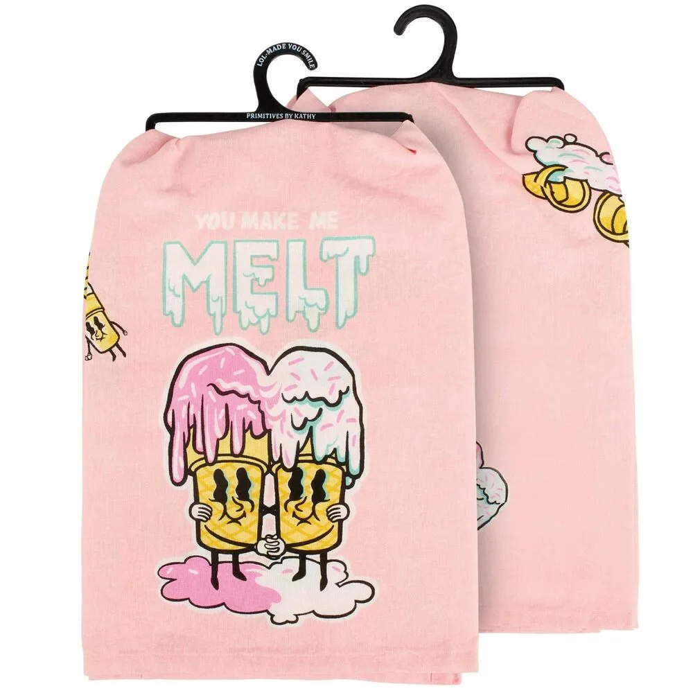 You Make Me Melt Kitchen Towel | Pink Ice Cream Cotton Dish Towel | 28” x 28”